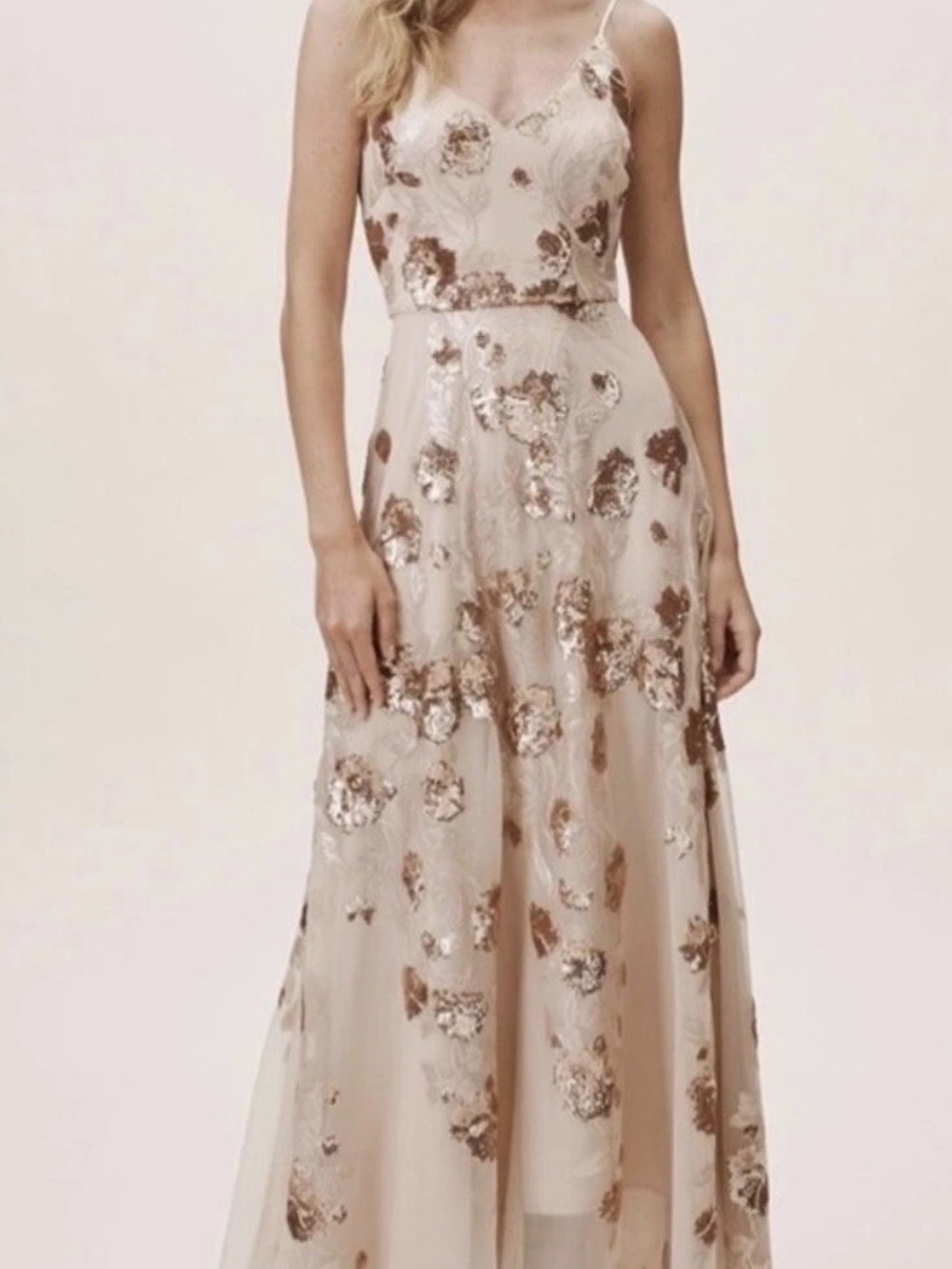 BHLDN Blush Maxi Dress with Rose-Gold Sequin Floral Appliqués